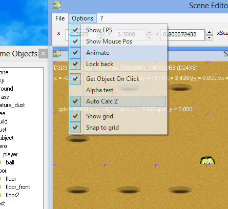 Creating new game scene in fle game engine - the scenes editor Scene Editor 1.0.2 - disable automatic calculation of Z option