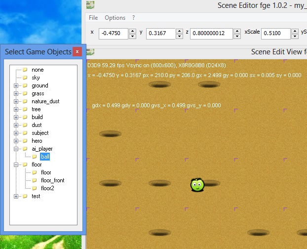 Creating new game scene in fle game engine - the scenes editor Scene Editor 1.0.2 - the ball over the sand blocks