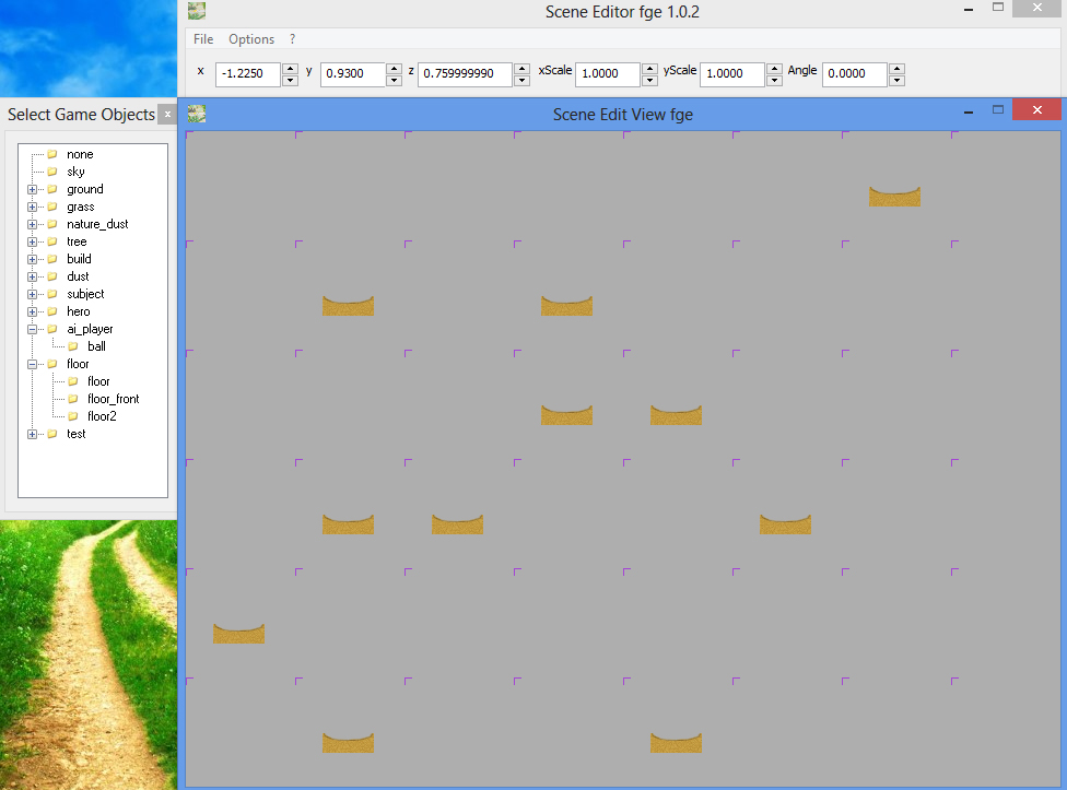 Creating new game scene in fle game engine - the scenes editor Scene Editor 1.0.2 - the front of the sand holes for blocks