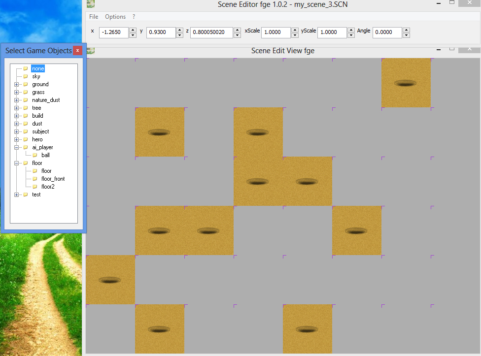 Creating new game scene in fle game engine - the scenes editor Scene Editor 1.0.2 - back sand blocks for holes