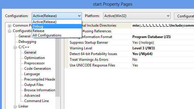 project properties Additional Include Directories for Debug build