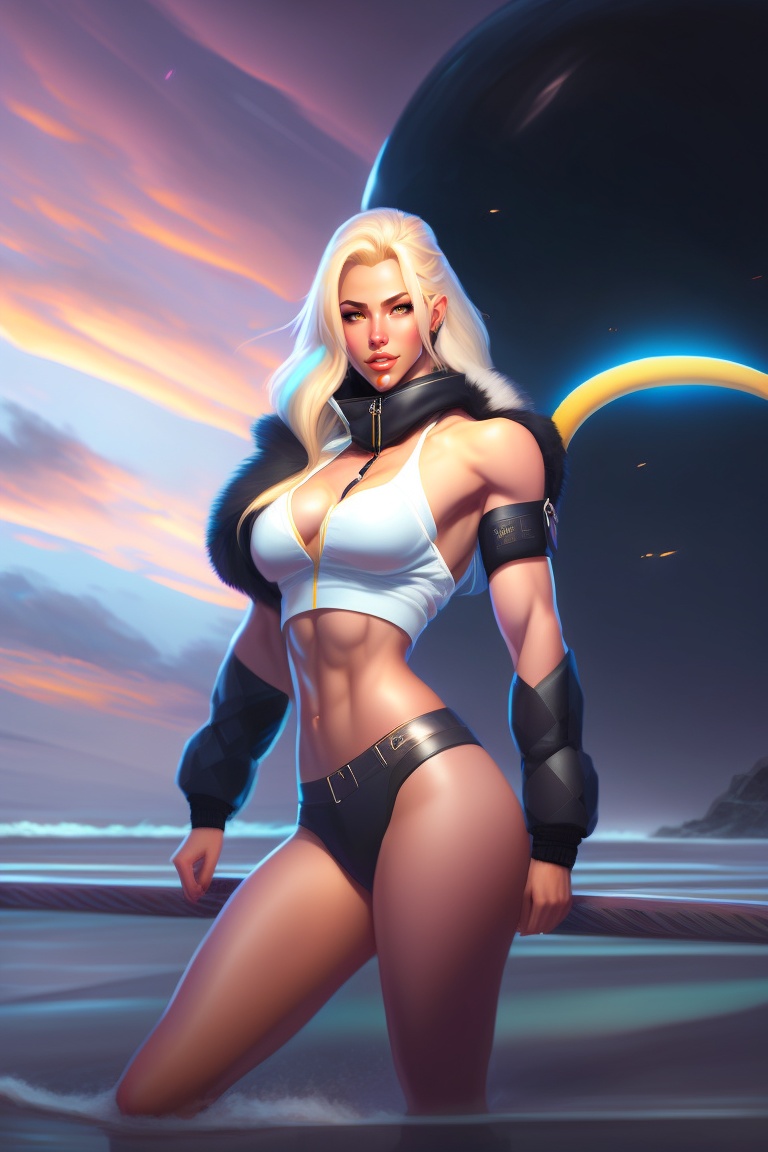 a beautiful award-winning aesthetic commission of an anthro entire body white blonde woman eating a banana in a bikini wearing a black padded hooded puffer jacket, digital art, art by artgerm, character design by Charles Bowater, ross Tran, photorealistic, detailed face, hyperdetailed, western comic,2021,artstation, Deviantart, where her back is shown -  1