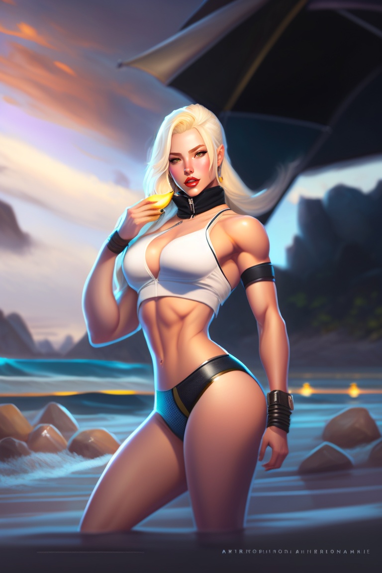 a beautiful award-winning aesthetic commission of an anthro entire body white blonde woman eating a banana in a bikini wearing a black padded hooded puffer jacket, digital art, art by artgerm, character design by Charles Bowater, ross Tran, photorealistic, detailed face, hyperdetailed, western comic,2021,artstation, Deviantart, where her back is shown -  3
